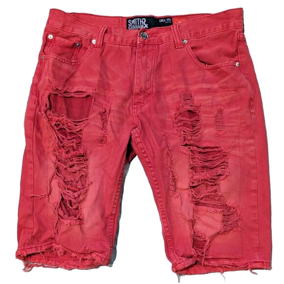 Smith & Graham Red Denim Shorts Men's Size 36 (34)  Distressed Grunge Punk - Picture 1 of 9